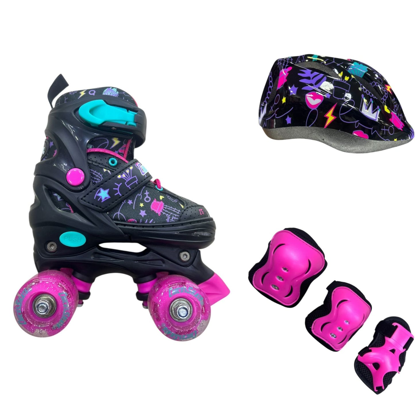 Kit de Patines 4 Ruedas Chicos Skate Graduables con Casco, Rodilleras, Coderas y Guantes | Ruedas en Goma Antideslizantes